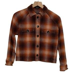 Madewell Plaid Flannel Coat XS Orange Brown Cropped Button Front Top Grunge